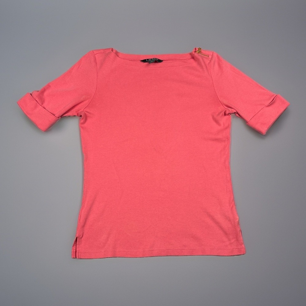 Lauren Ralph Lauren Women's Small Pink Tee Boatneck Elbow Sleeve Zipper Detail
